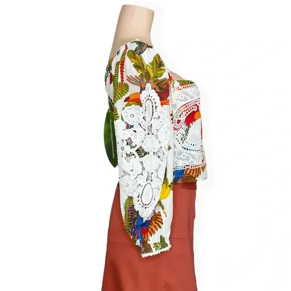 NWT Farm Rio Forest Birds crochet and guipure lace Cropped Blouse Size L - Picture 5 of 16